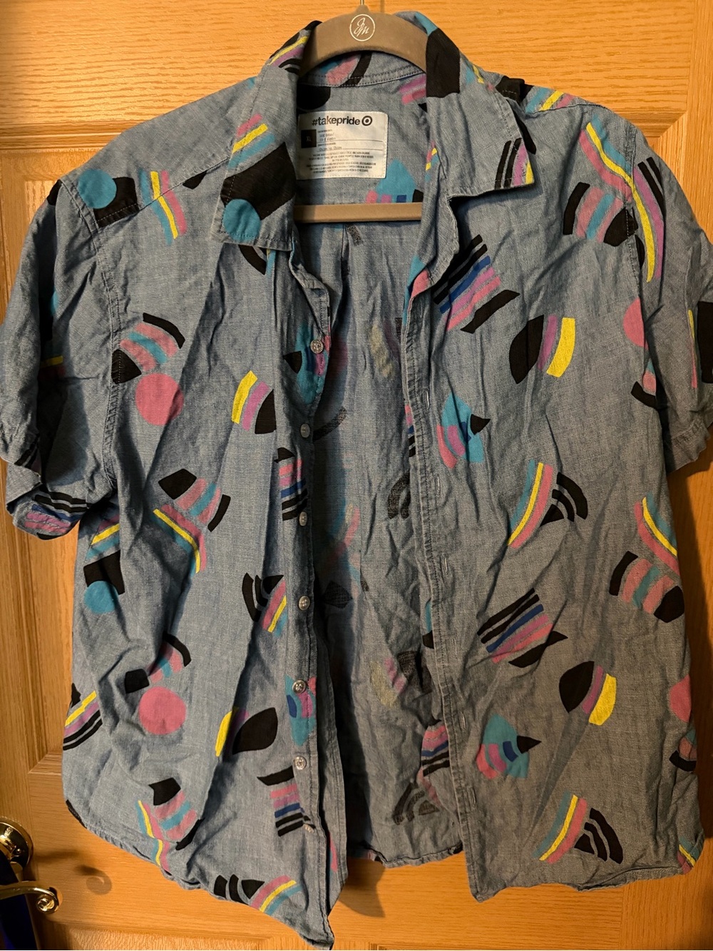 Target Men's Short-Sleeve Button-Down Shirt in Chambray with Pride Print